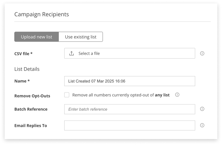 Black and white screenshot uploading a new list during a campaign in campaign manager