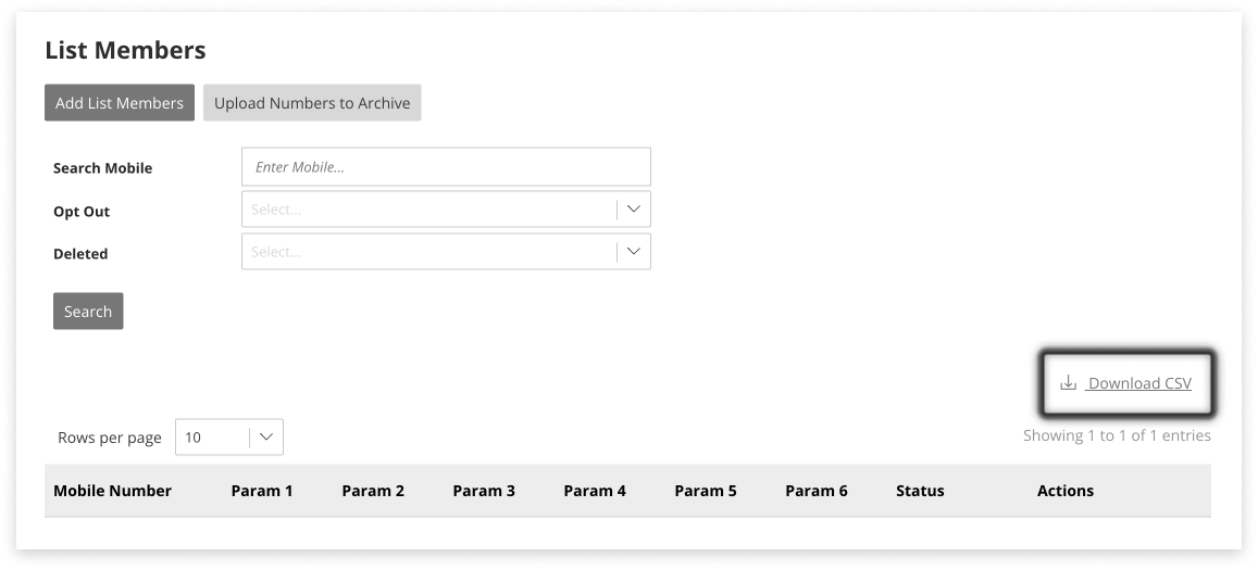 Black and white screenshot highlighting the link to download a csv of a list; top-right of a table
