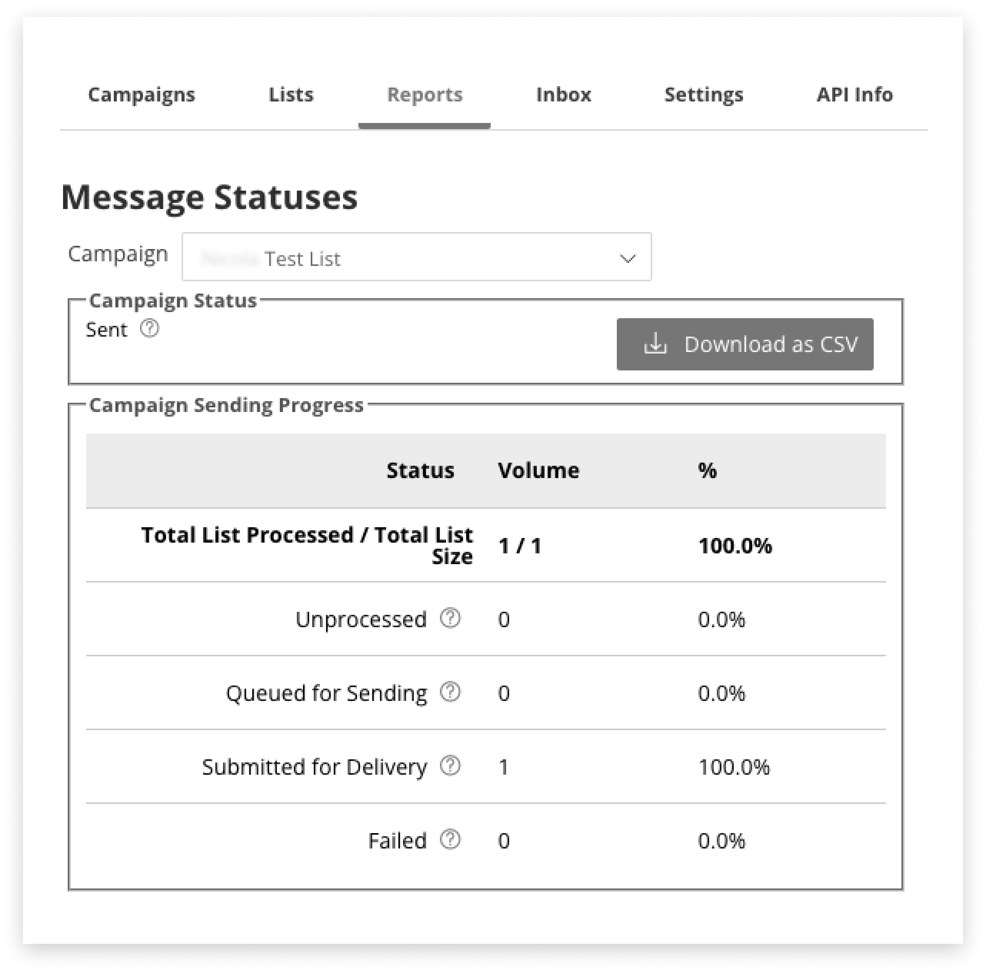 Black and white screenshot of reports tab in campaign manager