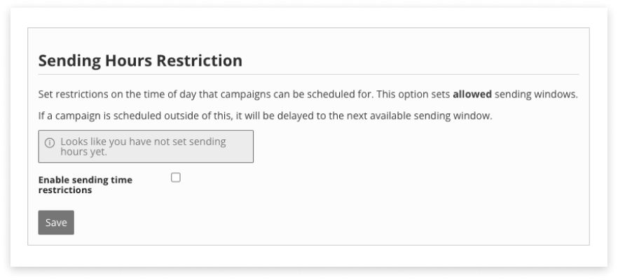 Black and white screenshot of the Sending Hours settings inside campaign manager