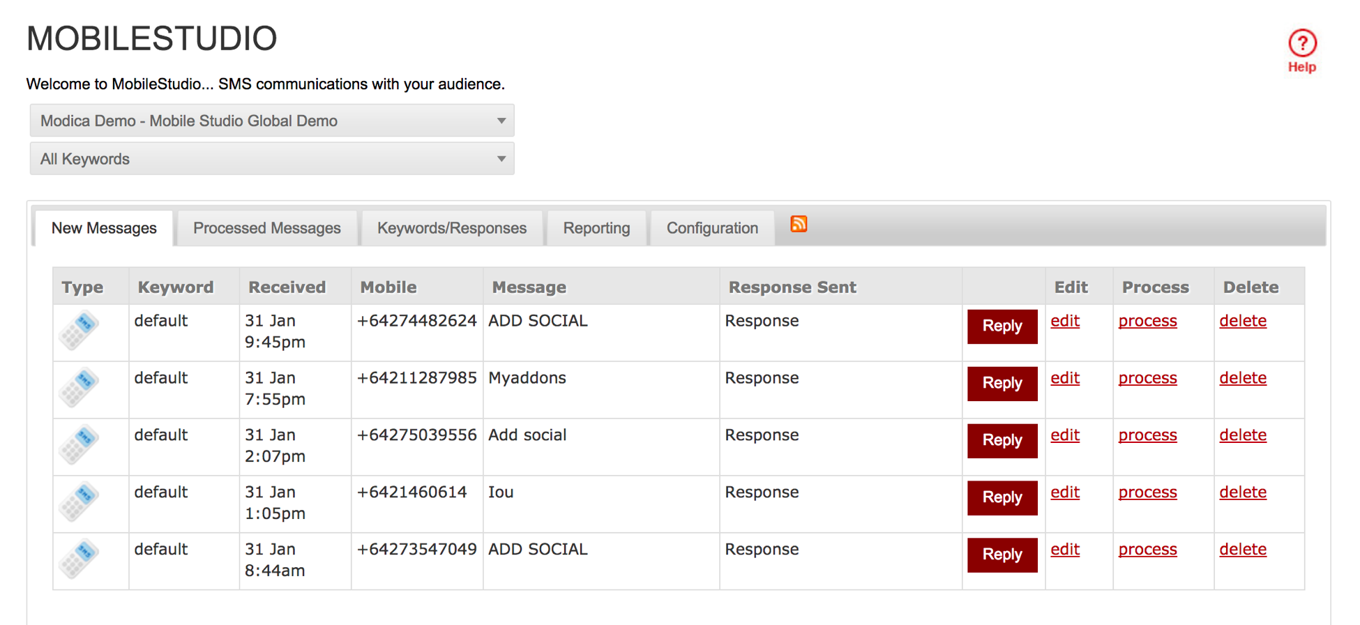Screenshot of New Messages area in Mobile Studio