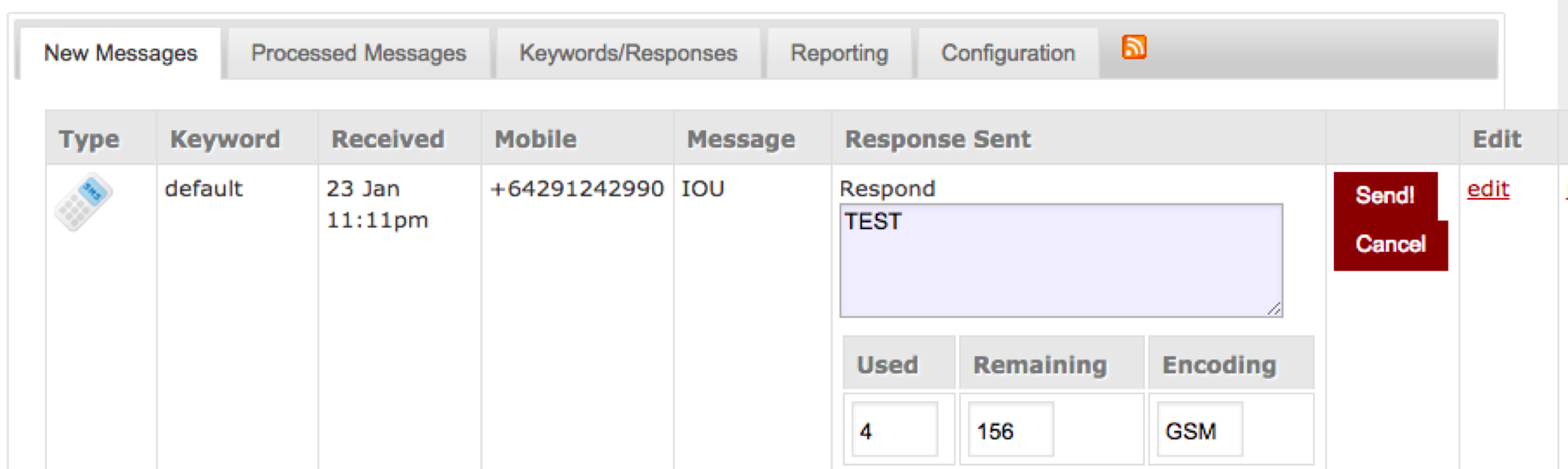 Screenshot of New Messages area in Mobile Studio