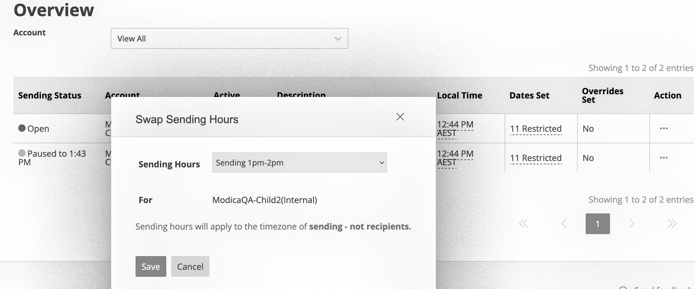 screenshot of Create Sending Hours form