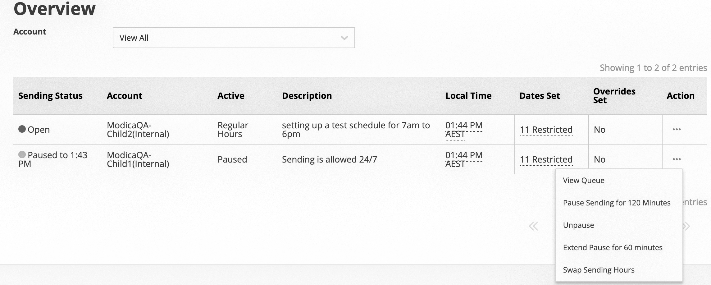 screenshot of Create Sending Hours form