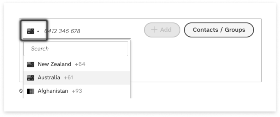 colourful screenshot showing options to add recipients when sending a New Message in Web2SMS UI
