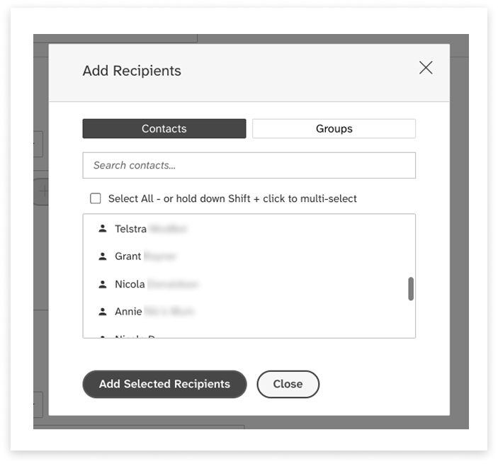 colourful screenshot showing options to add recipients when sending a New Message in Web2SMS
