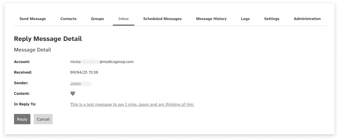 Black and white screeshot of web2sms message details and replies