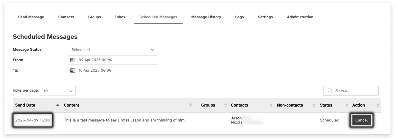 Black and white screeshot of web2sms scheduled messages tab, highlighting the Send Date column to click to edit the message